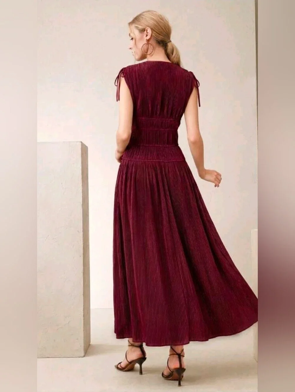 New Luxe Tie Shoulder Pleated Maxi Dress Sleeveless Burgundy Red