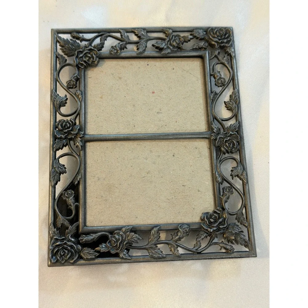 Vintage Pewter Tone Rose Filigree Double Photo Frame Floral 2x3 Horizontal