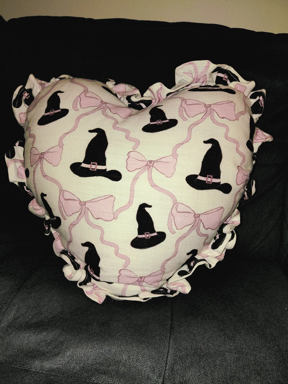 Heart Shaped Witch Hat Print Pillow - Pink & Black