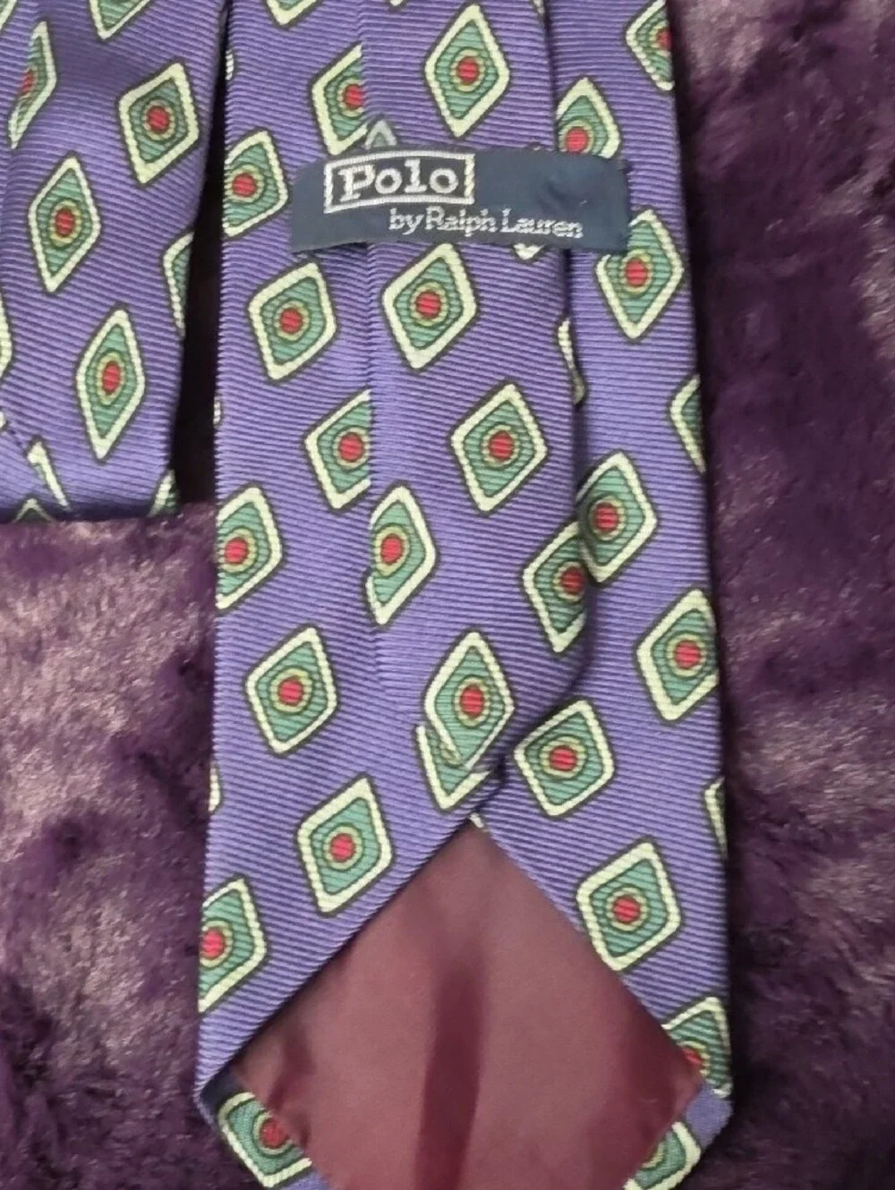 Polo by Ralph Lauren Purple Silk Tie with Green and Red Diamond Motifs