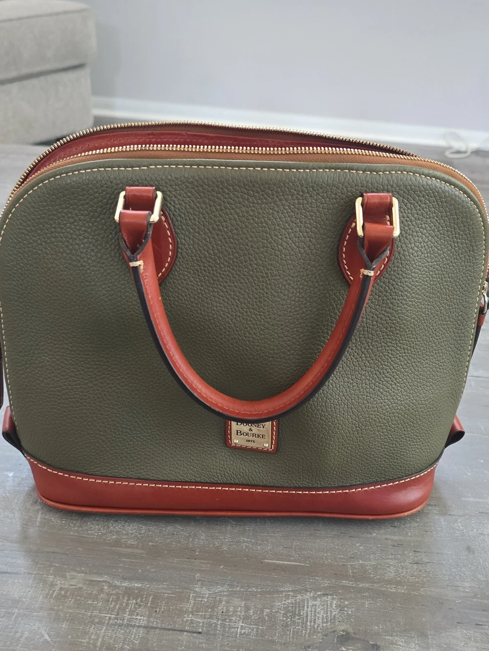 Dooney & Bourke Olive Green Pebbled Leather Satchel with Brown Trim