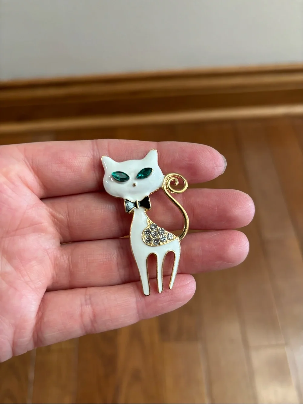MCM Style Atomic Cat Brooch with Rhinestones