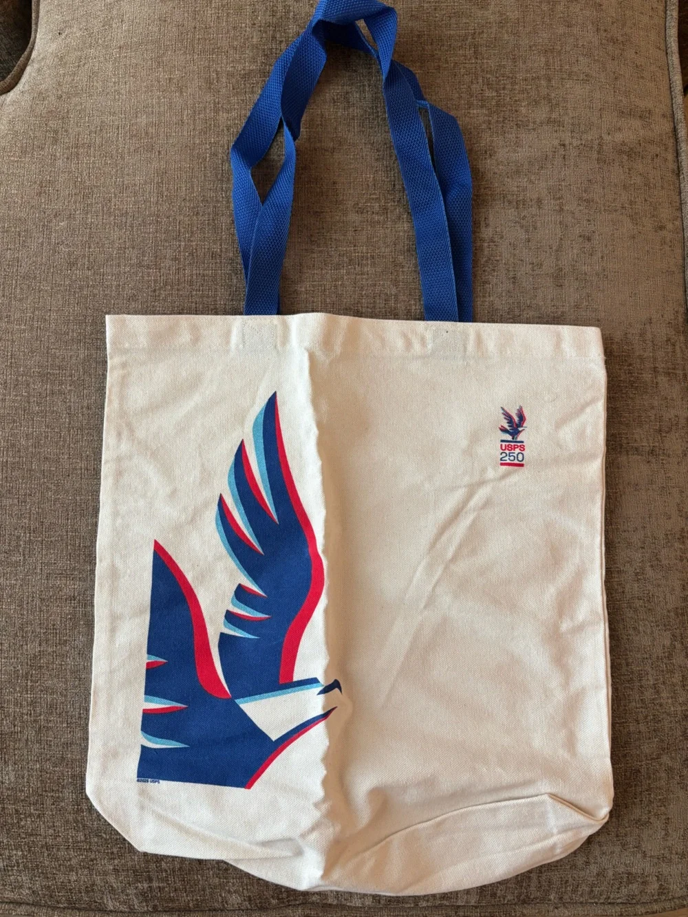 USPS 250 Commemorative Canvas Tote Bag in Cream with Blue Straps