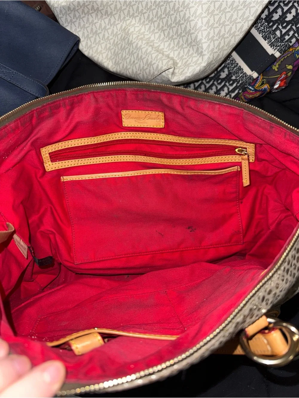 Dooney & Bourke Beige Snake-Print Tote with Orange Trim and Red Handles