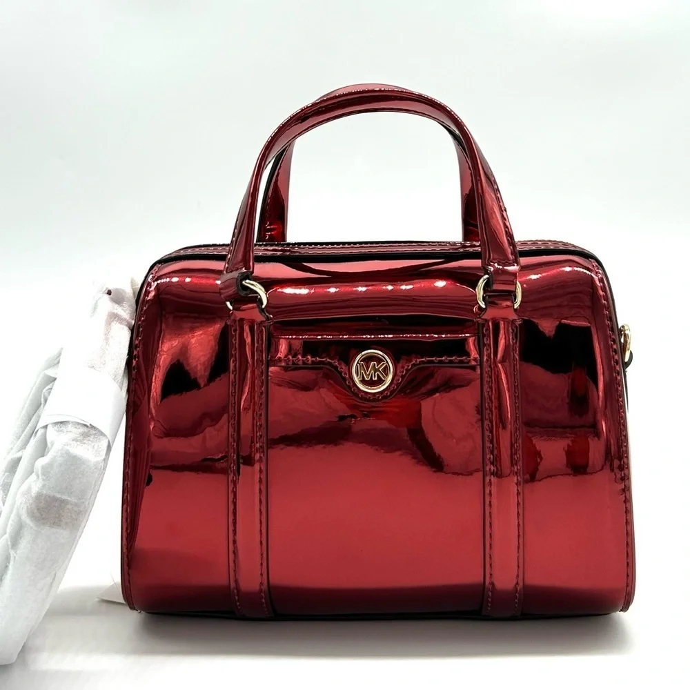 Michael Kors Jet Set Small Patent Duffel Crossbody Bag Cherry