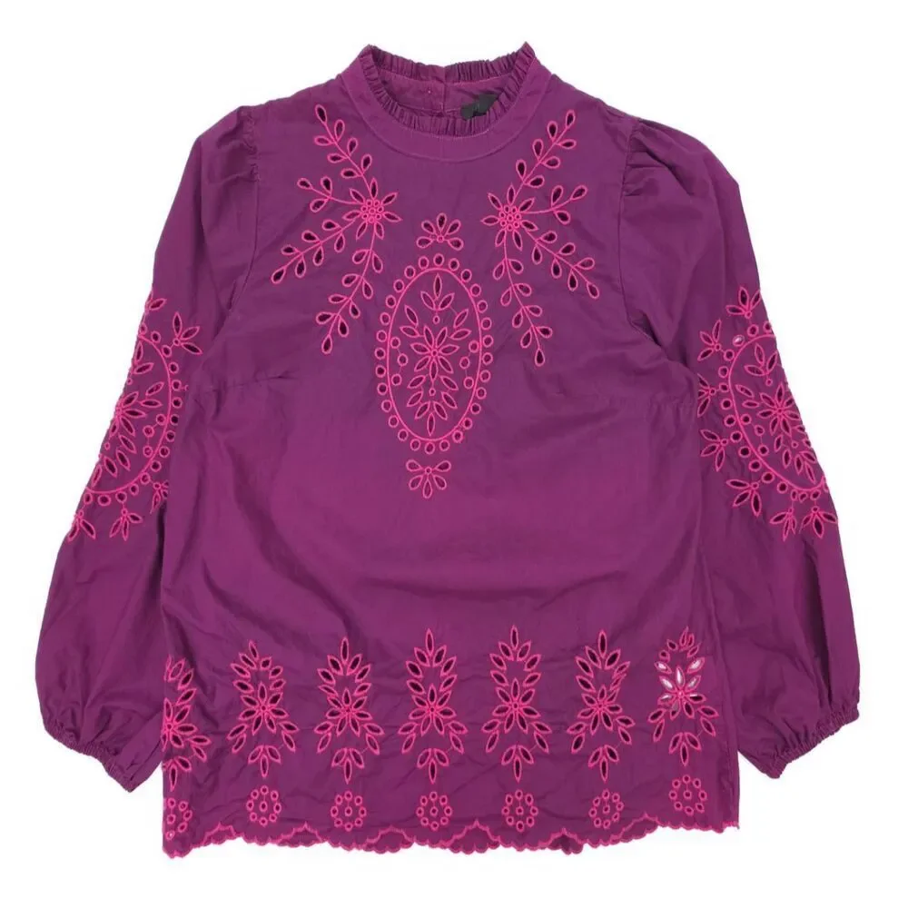 J CREW Mockneck cotton poplin top with embroidered eyelet Purple Preppy Boho
