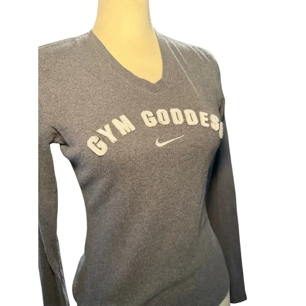 Nike Gym Goddess Long Sleeve Tee, Gray Graphic Top, Workout Activewear, Small