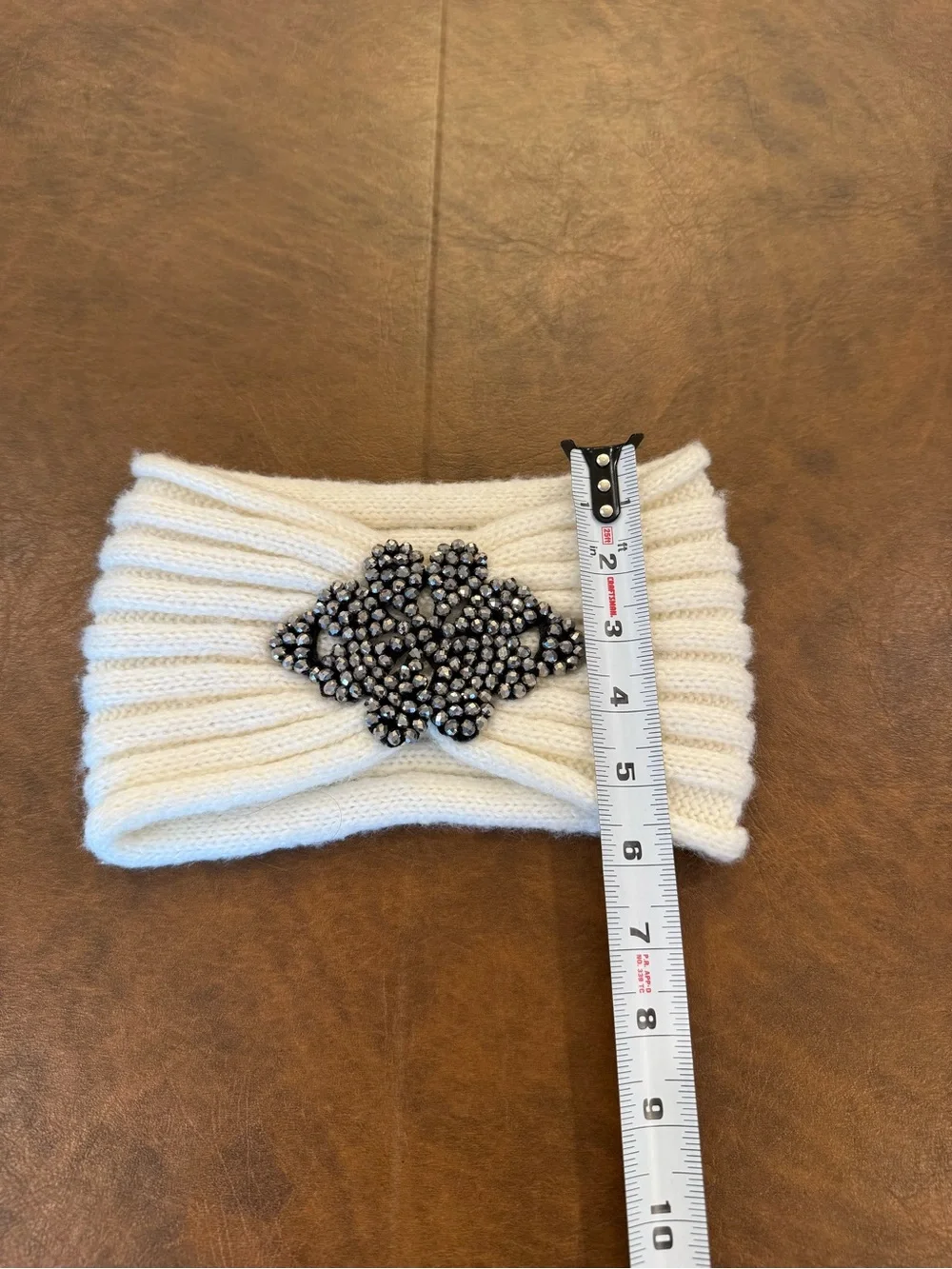 Crystal-Embellished Cream Knit Headband