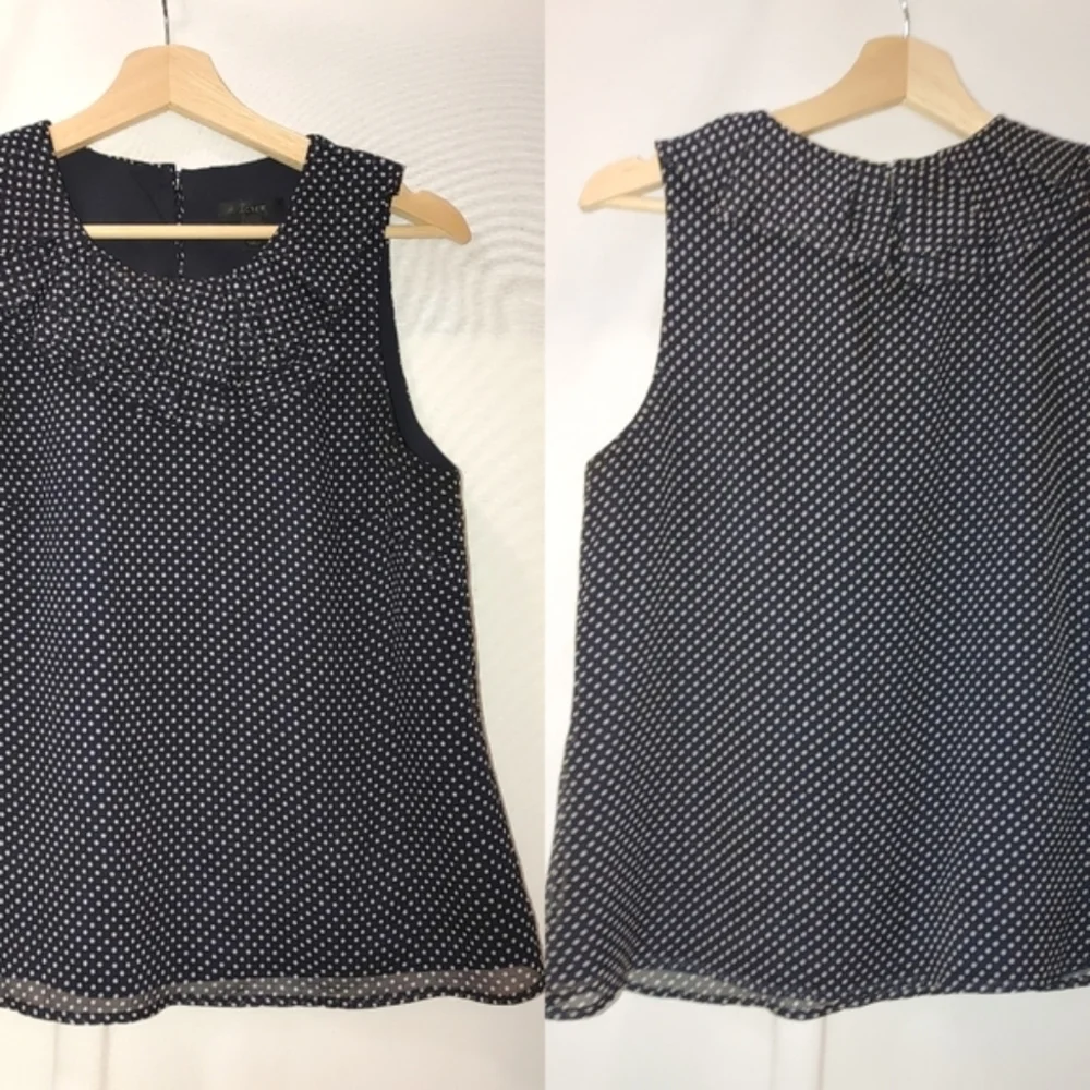 J. Crew Sleeveless Blouse Navy Blue While Polka Dot Silk Overlay Classic Neutral