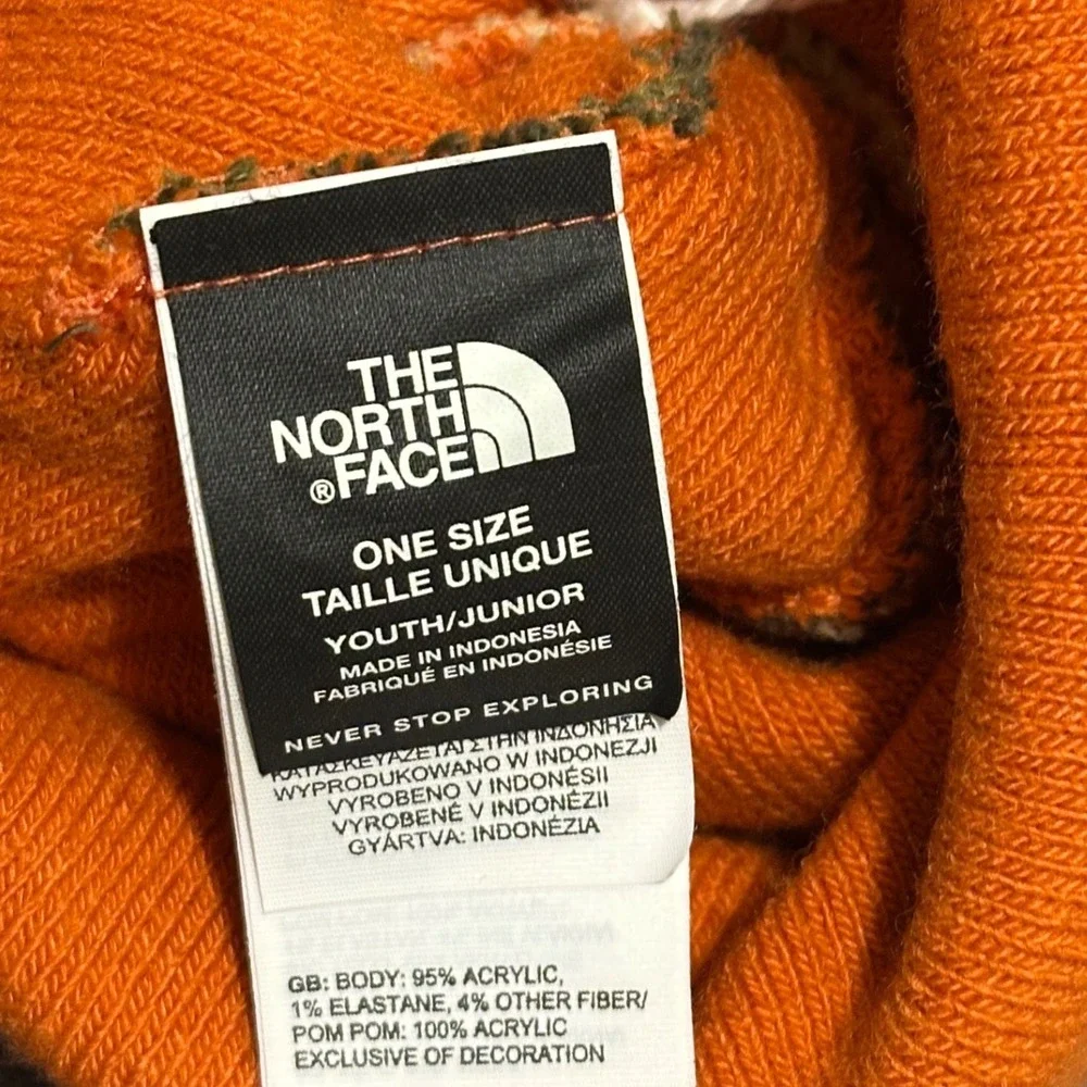 The North Face Kids Camo Beanie Orange Green Camouflage Pom Knit Hat Logo Patch