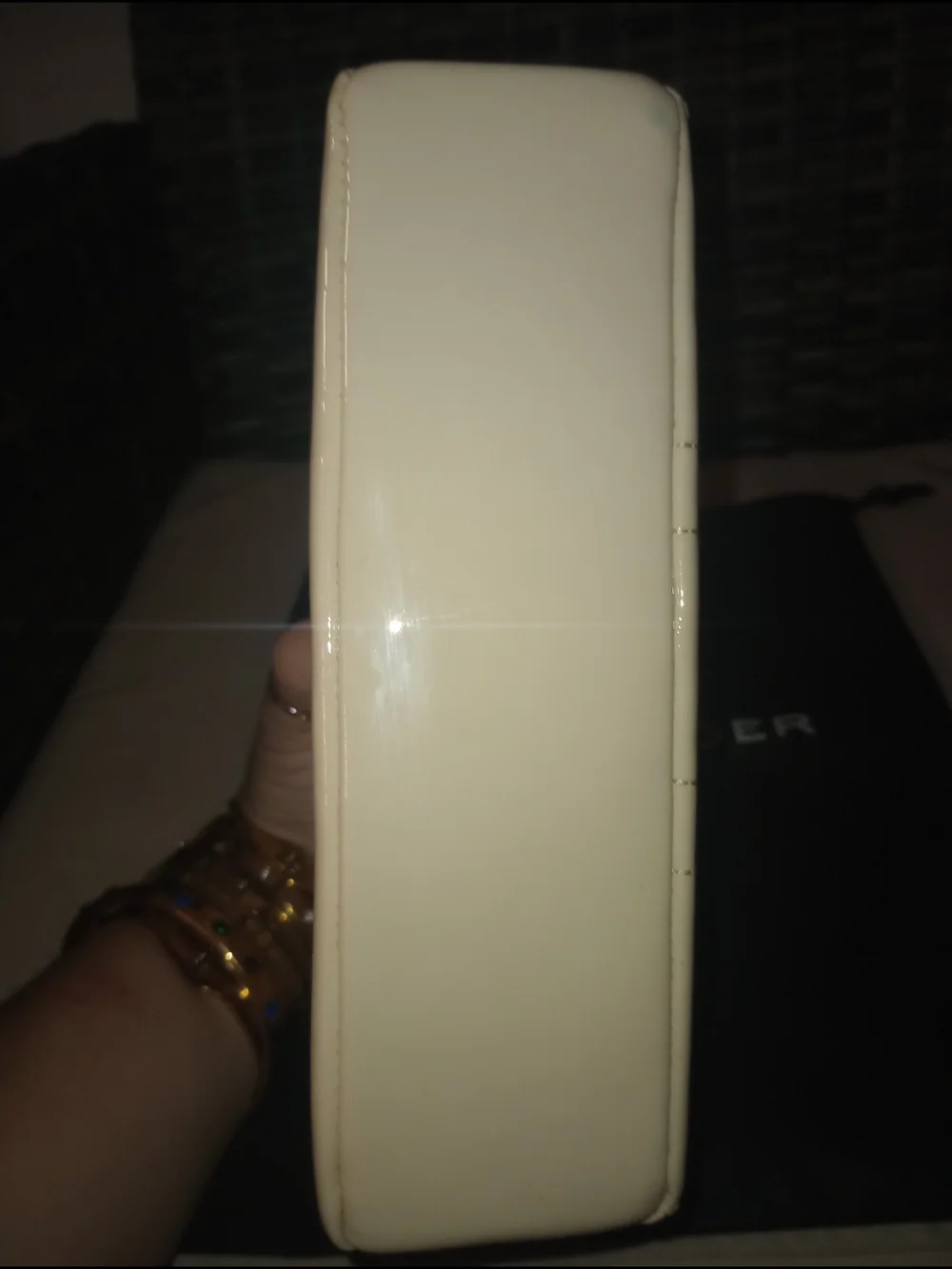 Kurt Geiger Kensington Cream Patent Leather Shoulder Bag with Gold Chain