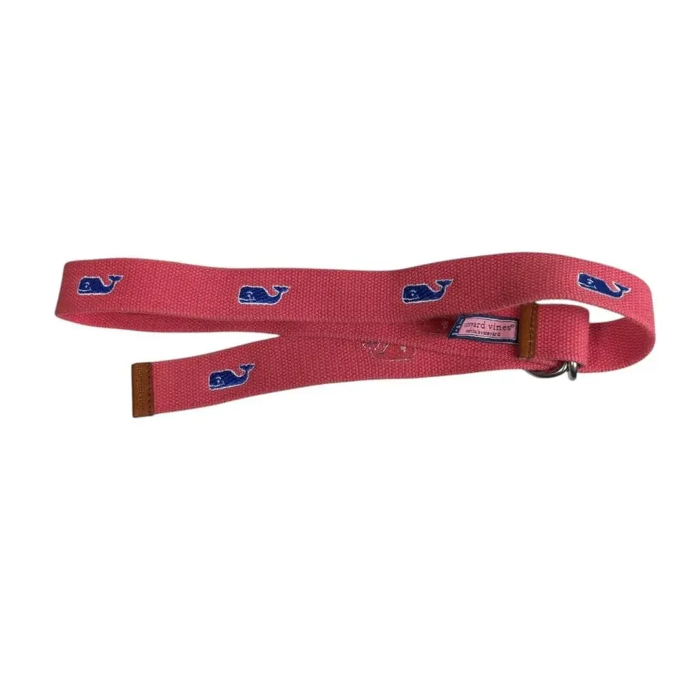 VINEYARD VINES Boys Canvas D-Ring Pink Belt With Embroidered Blue Whales XL