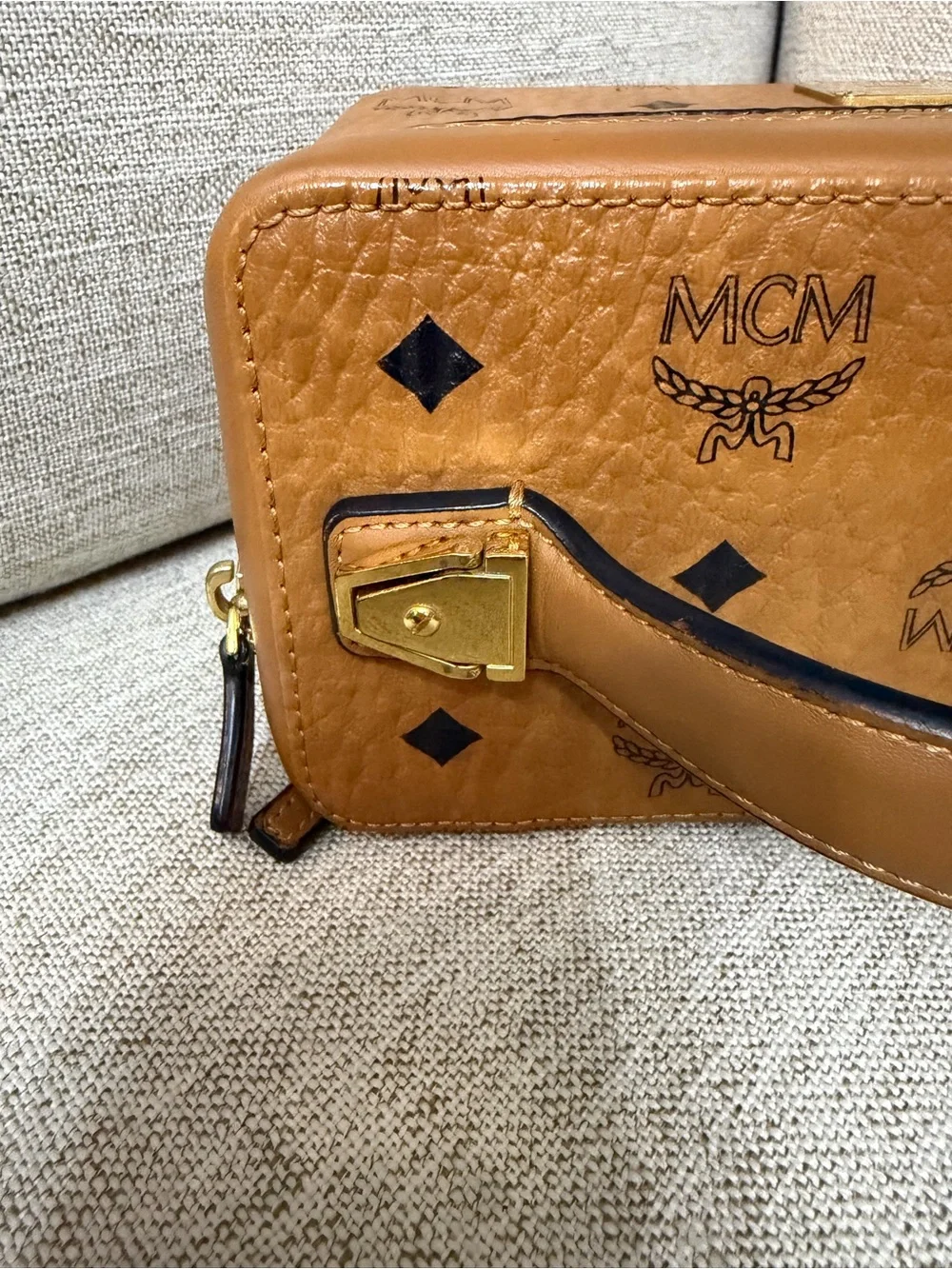 MCM Cognac Logo Visetos Leather Vanity Bag with Gold Hardware