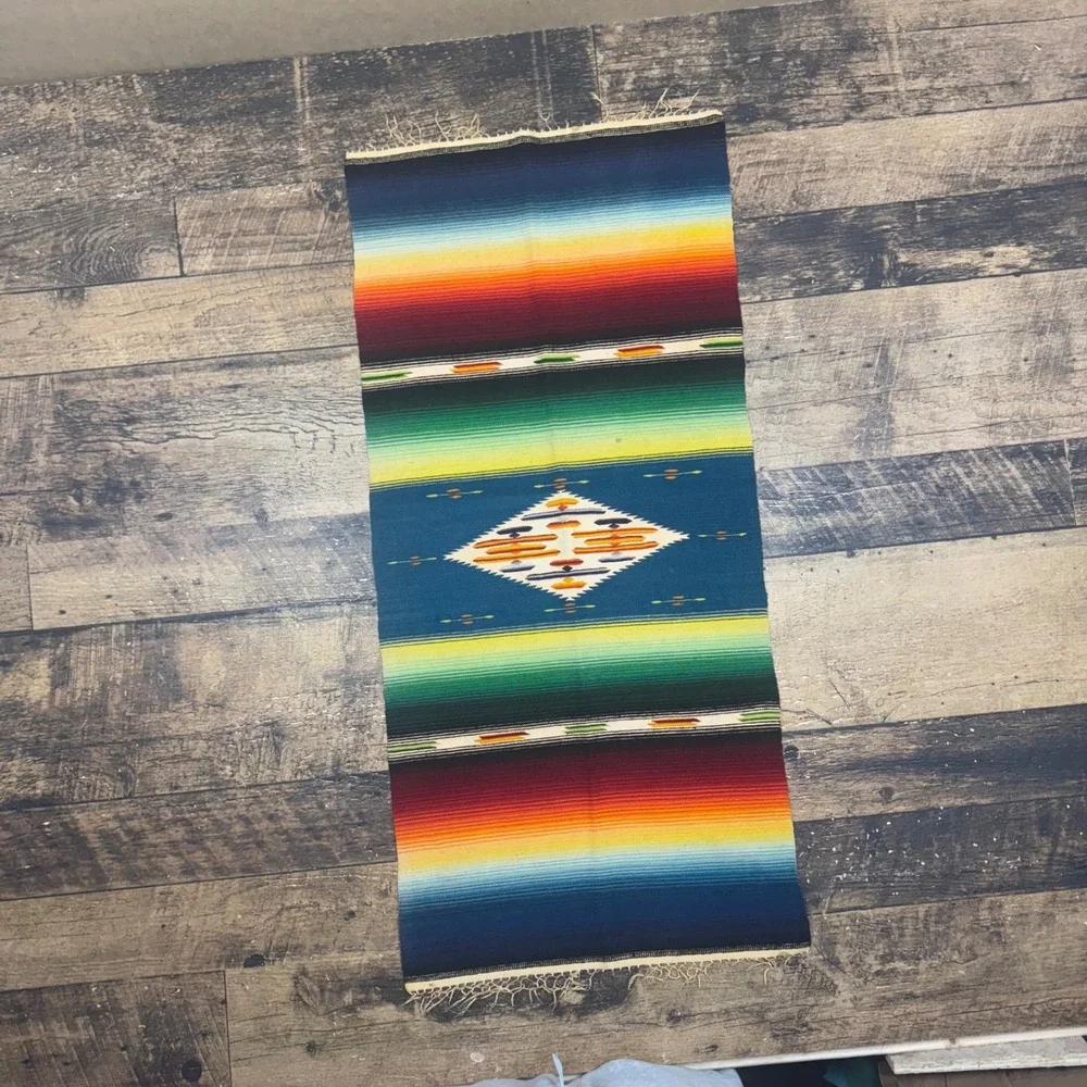 Antique Southwestern Serape Blanket Rug‎ Table Runner Fringe Teal Diamond