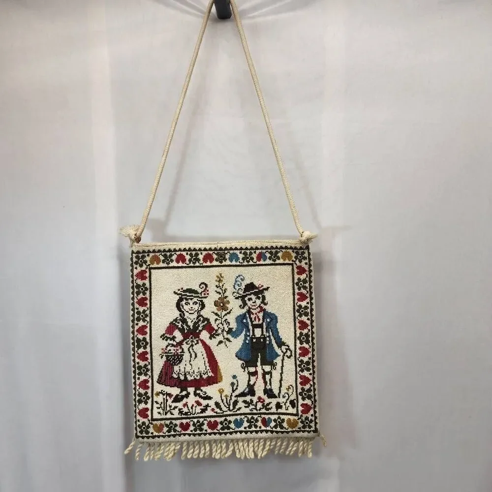 Vintage Tapestry Shoulder Bag – Folk Art Embroidered Purse with Fringe & Rope St