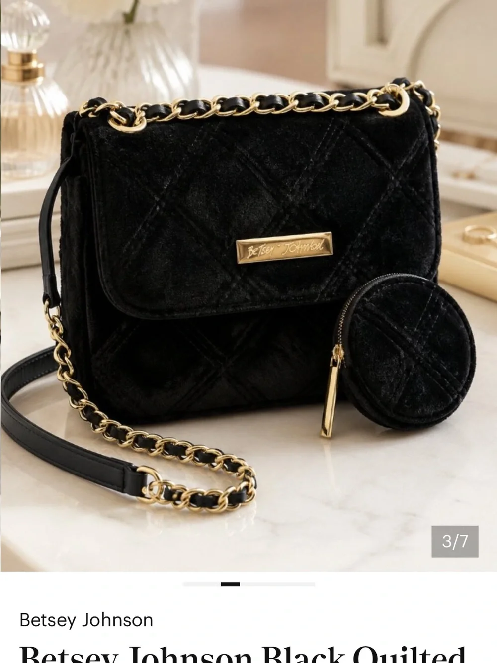 Betsey Johnson Black Quilted Velvet Crossbody with Coin Pouch and Gold Chain