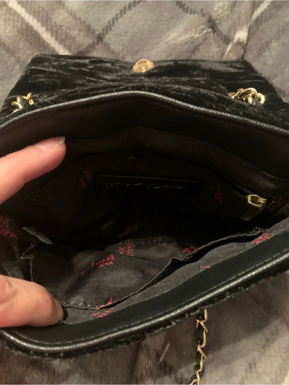 Betsey Johnson Black Quilted Velvet Crossbody with Coin Pouch and Gold Chain