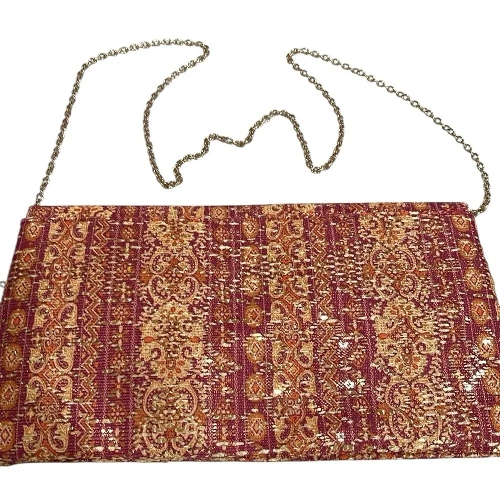 Jessica McClintock Brocade Envelope Bag with Detachable Chain Strap Dk Pink Gold