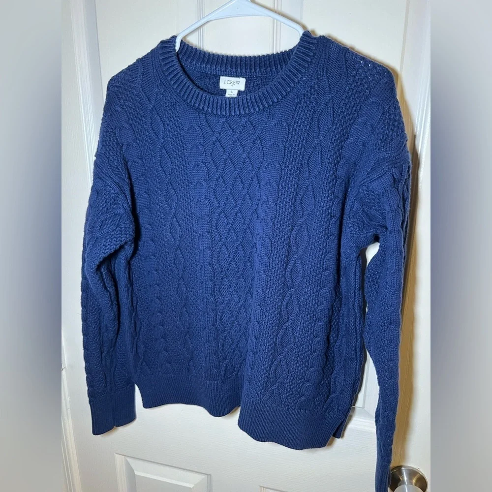 J.Crew Blue Cable Knit Crewneck Sweater Size L  100% Cotton