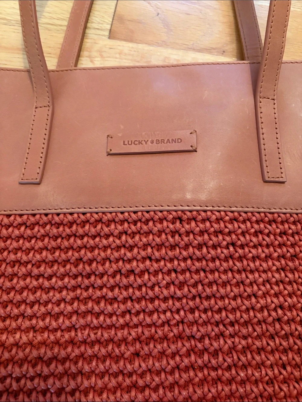 NWT Lucky Brand Bola Leather & Knit Tote Bag - Baked Clay