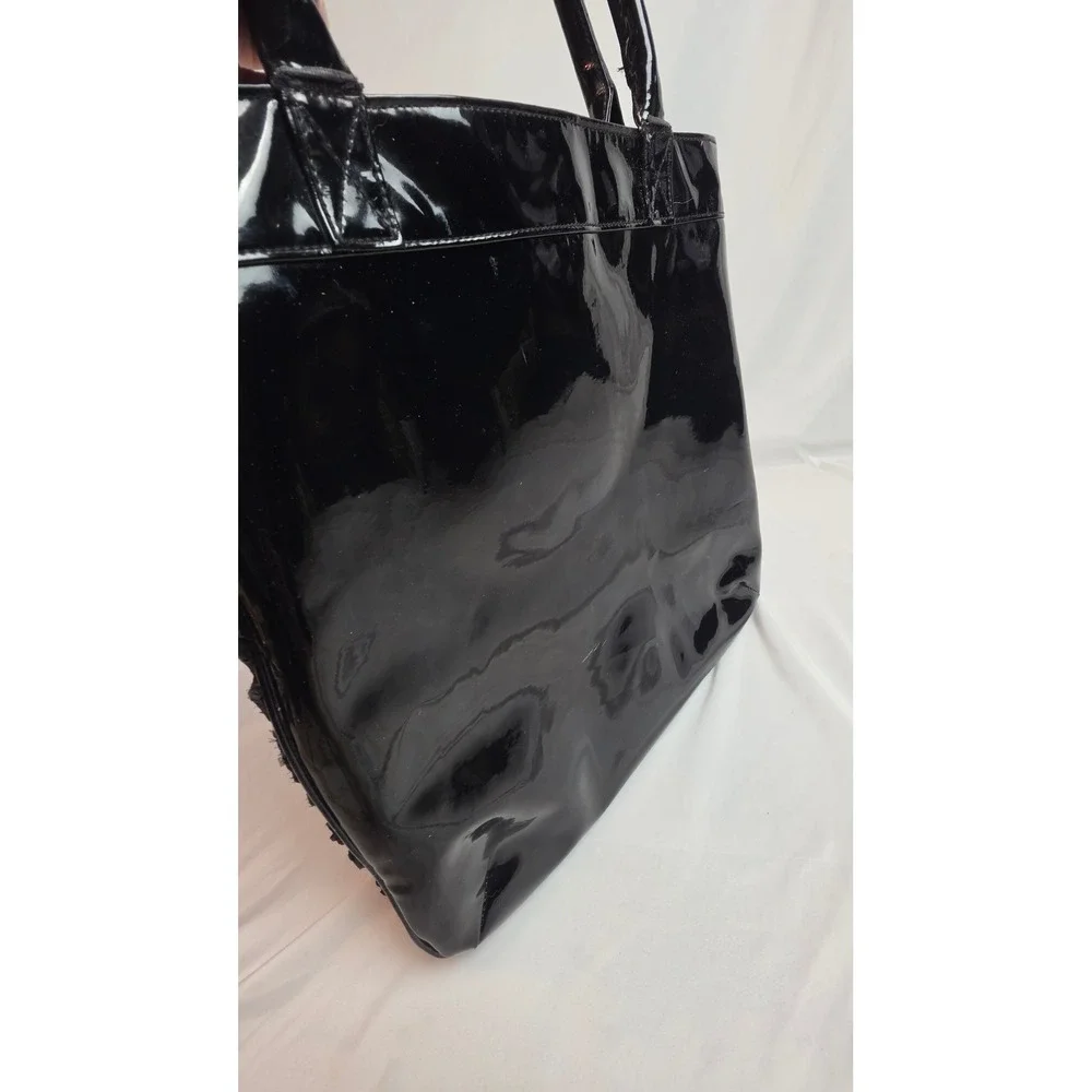 Black Rosette Floral Tote Bag Patent Trim Whimsigoth Gothic Romance Coquette