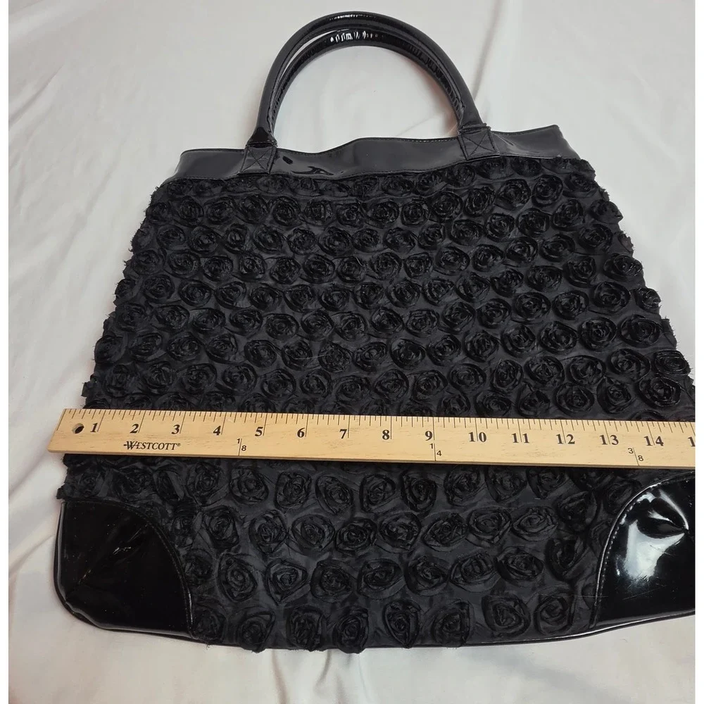 Black Rosette Floral Tote Bag Patent Trim Whimsigoth Gothic Romance Coquette