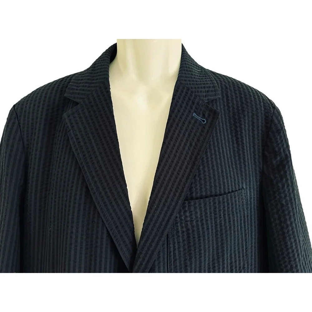 Nautica Seersucker Blazer L Sport Coat Navy Blue Cotton Blend Preppy Hamptons