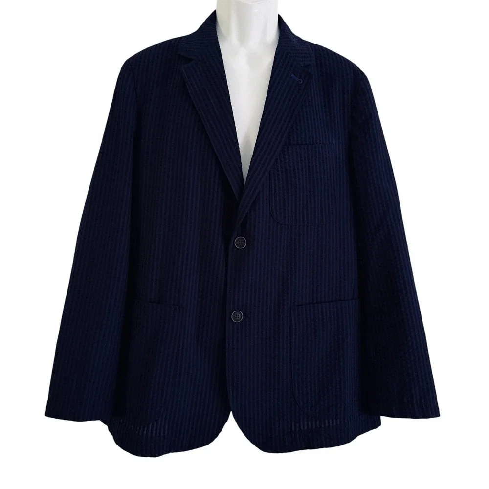 Nautica Seersucker Blazer L Sport Coat Navy Blue Cotton Blend Preppy Hamptons