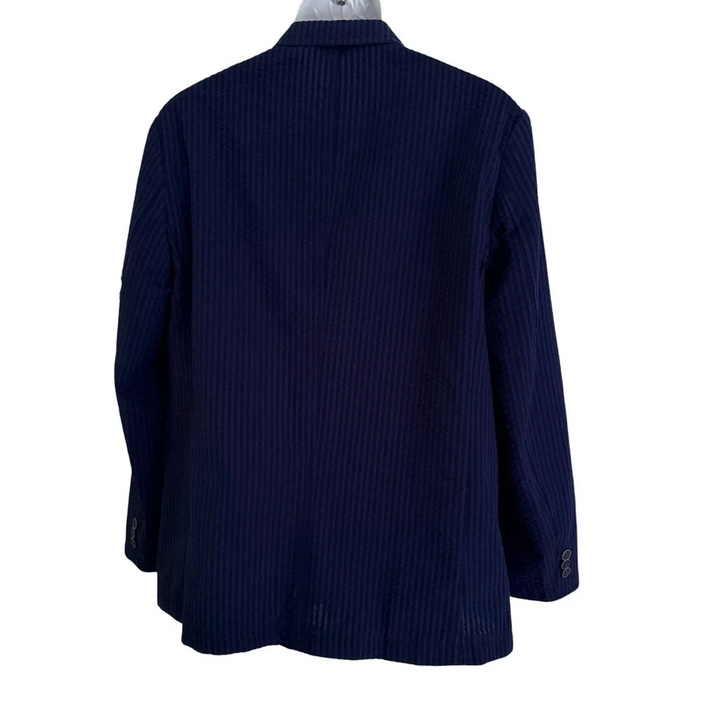 Nautica Seersucker Blazer L Sport Coat Navy Blue Cotton Blend Preppy Hamptons