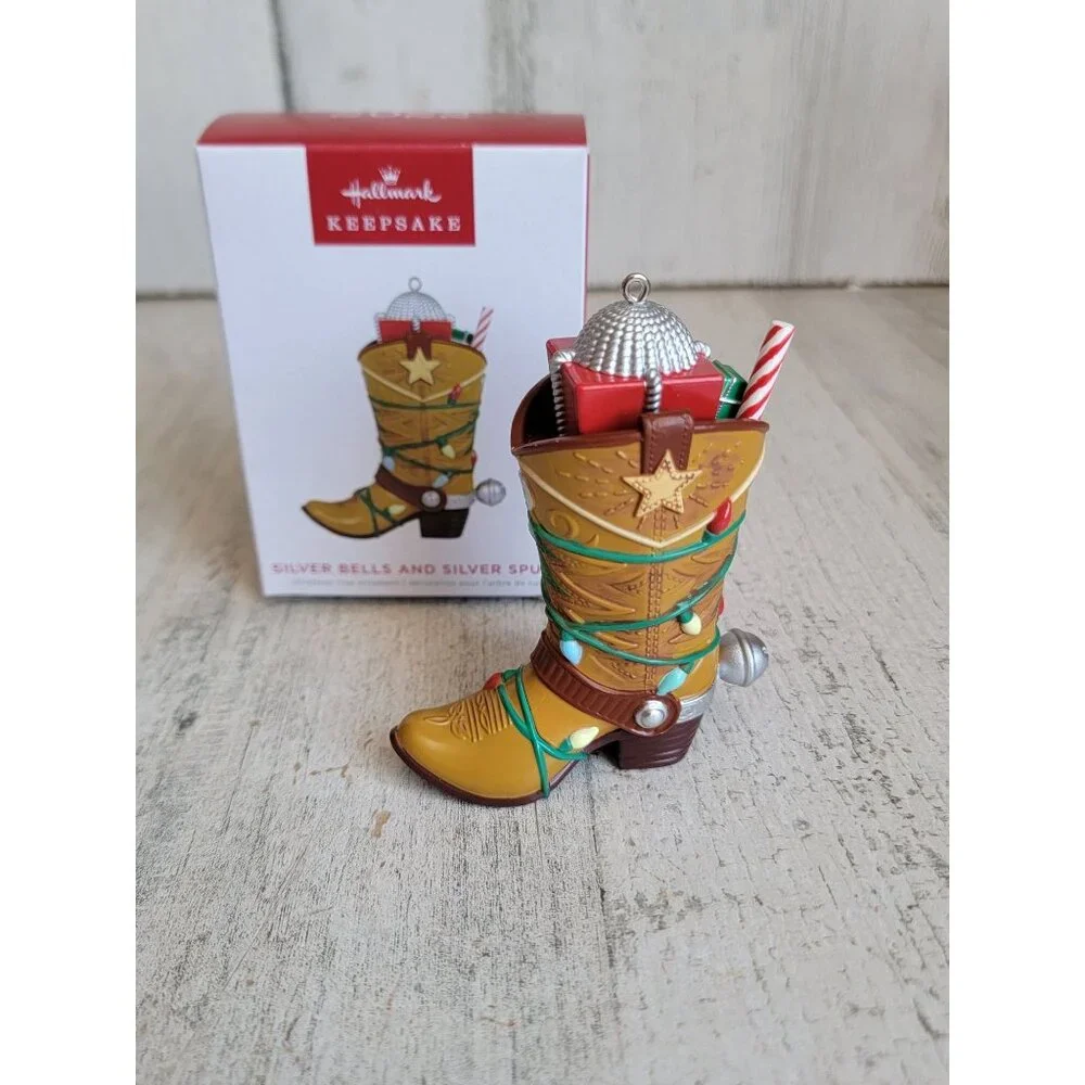 Hallmark Silver Bells Silver Spurs cowboy boot‎ ornament Xmas