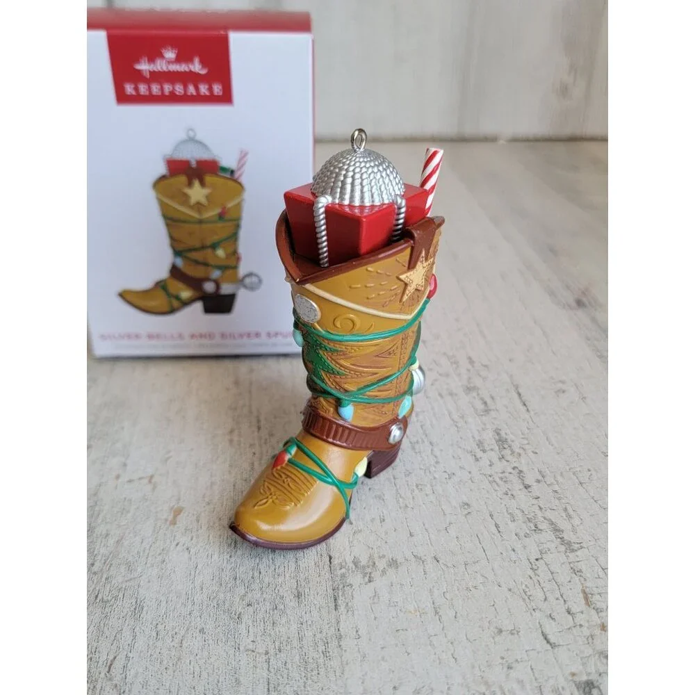 Hallmark Silver Bells Silver Spurs cowboy boot‎ ornament Xmas