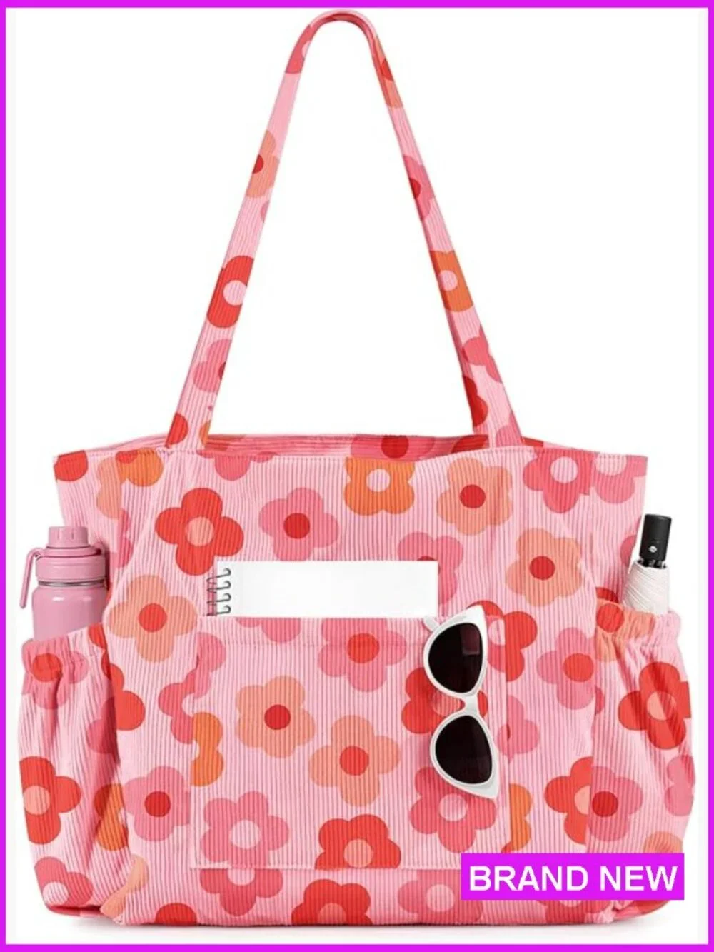 Large Corduroy Tote Bag with Zipper Multi-Pocket Shoulder Hobo for Women