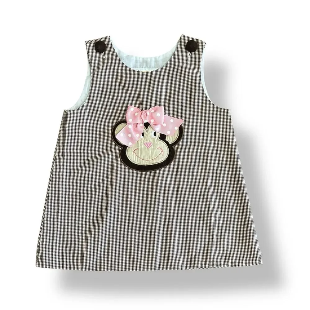 Castles and Crowns Gingham Monkey Dress girls Size 5 Brown‎ Pink