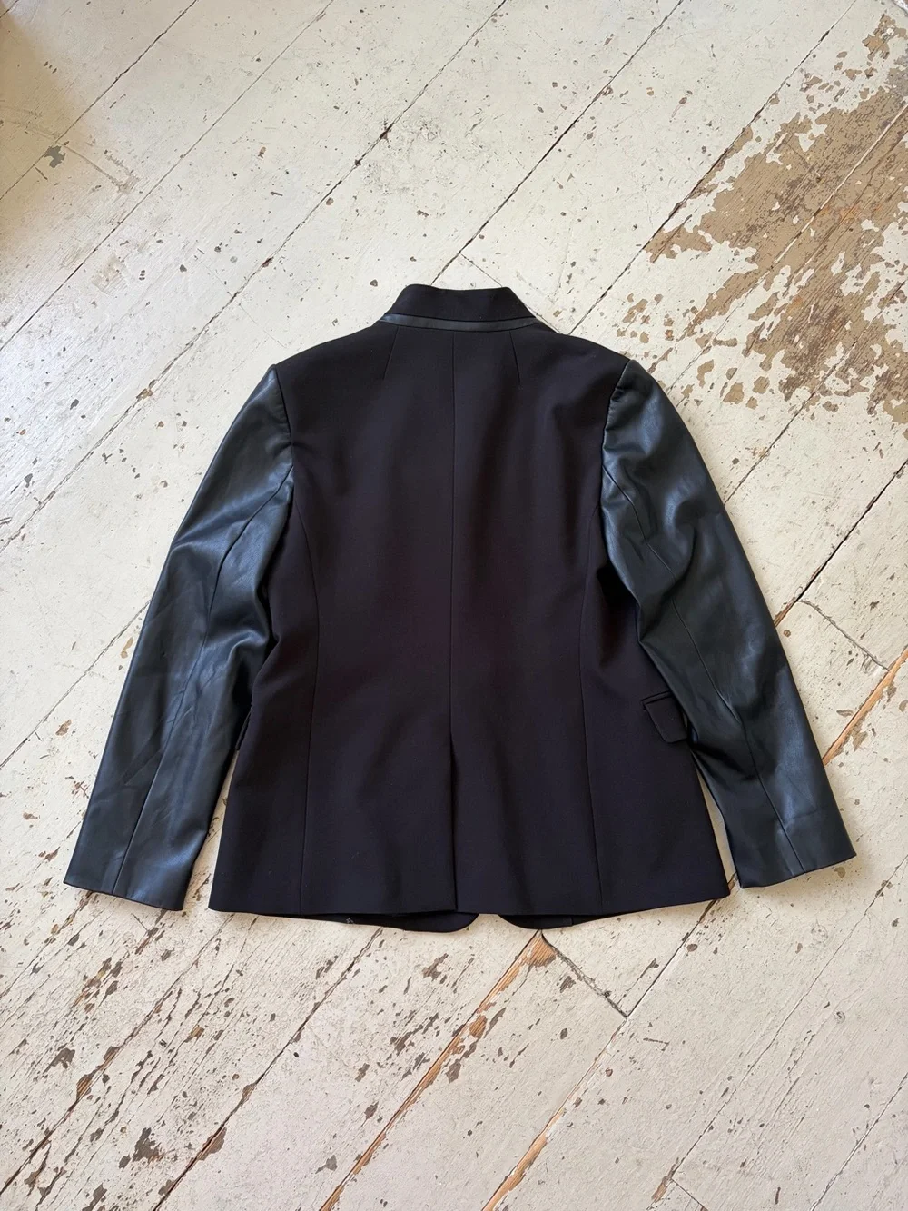 DKNY Black Mixed Media Blazer Jacket with Faux Leather Sleeves