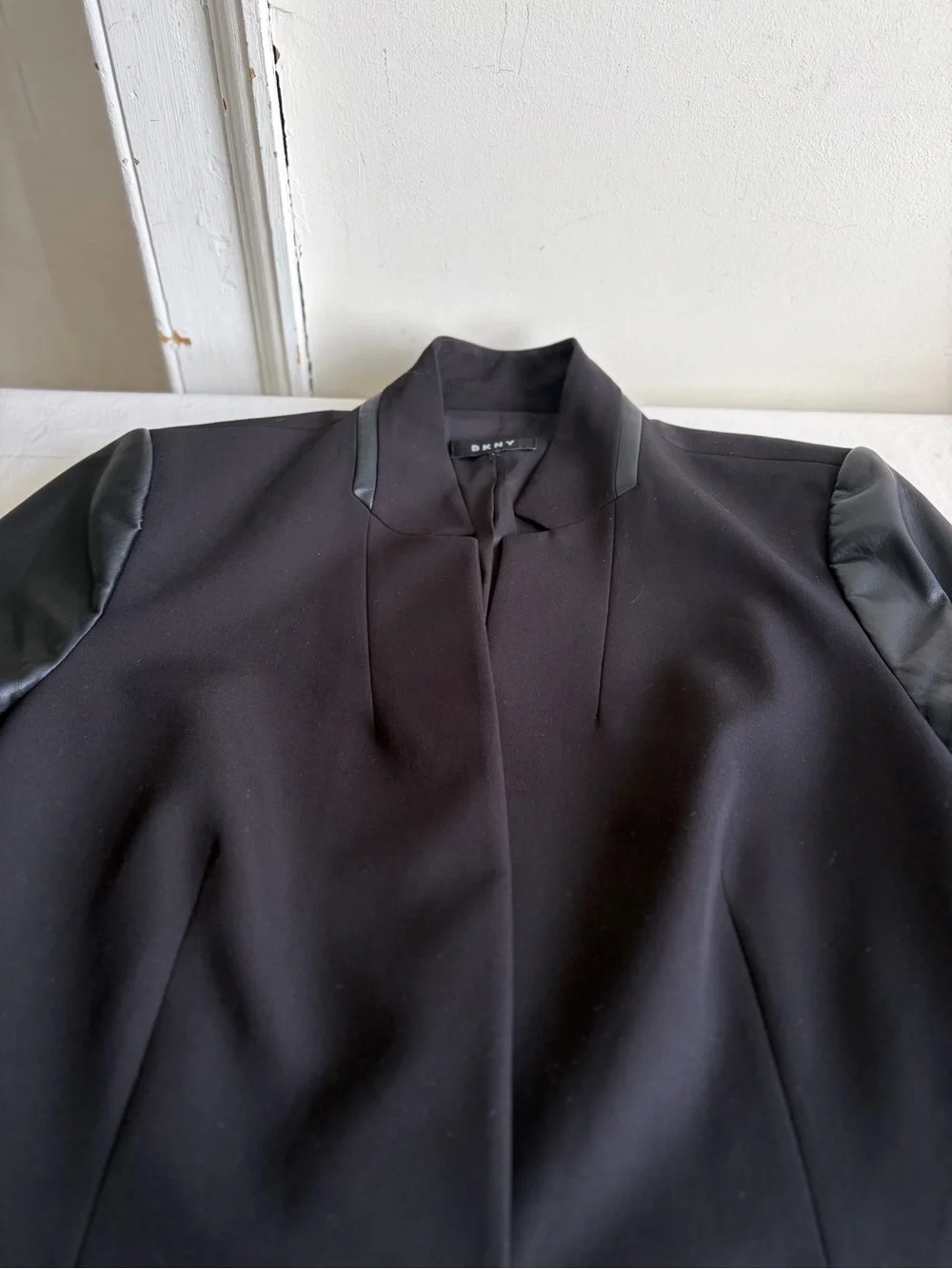 DKNY Black Mixed Media Blazer Jacket with Faux Leather Sleeves
