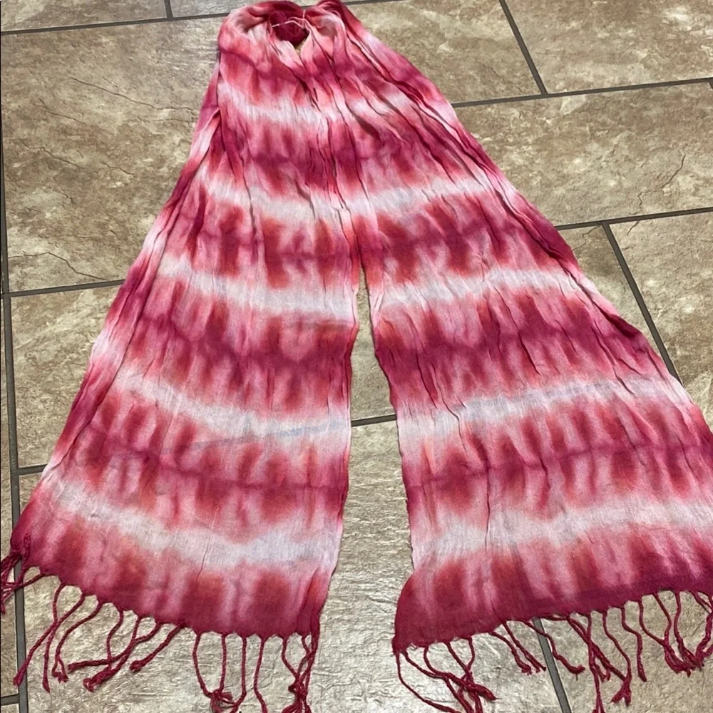 Vibrant Pink and White Tie-Dye Scarf with Fringe Fall Lagenlook Summer Fall