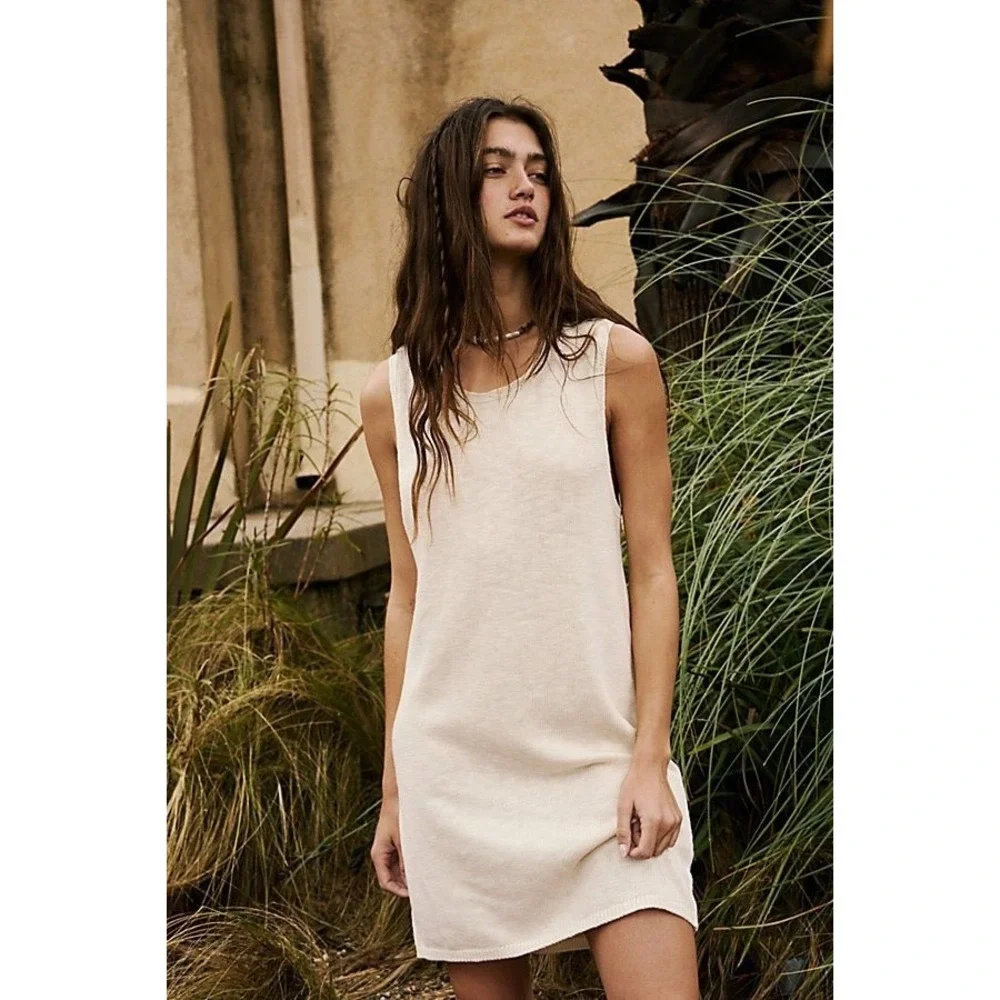 Free People Beach Nina Mini Dress L Cream Tank Sweater Knit Cotton Linen Coastal