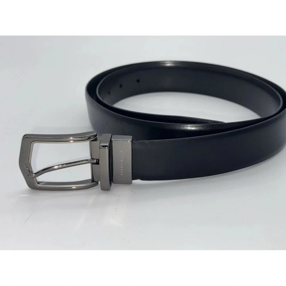 Perry Ellis Silver Buckle Black Leather Dress Suit Belt Men's Size 42 105 Large