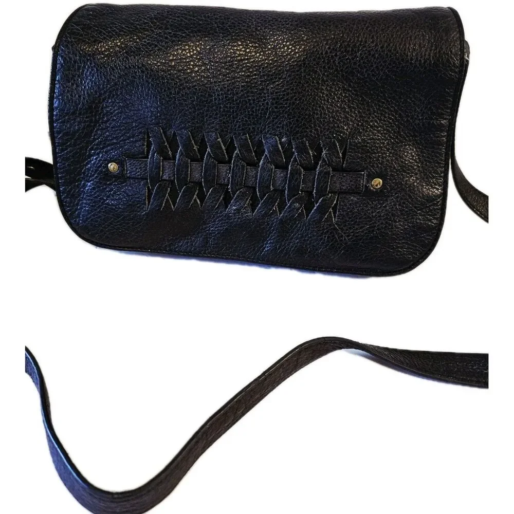 Lucky Brand Kingston Flap Crossbody Bag Black Pebbled Leather Woven Boho