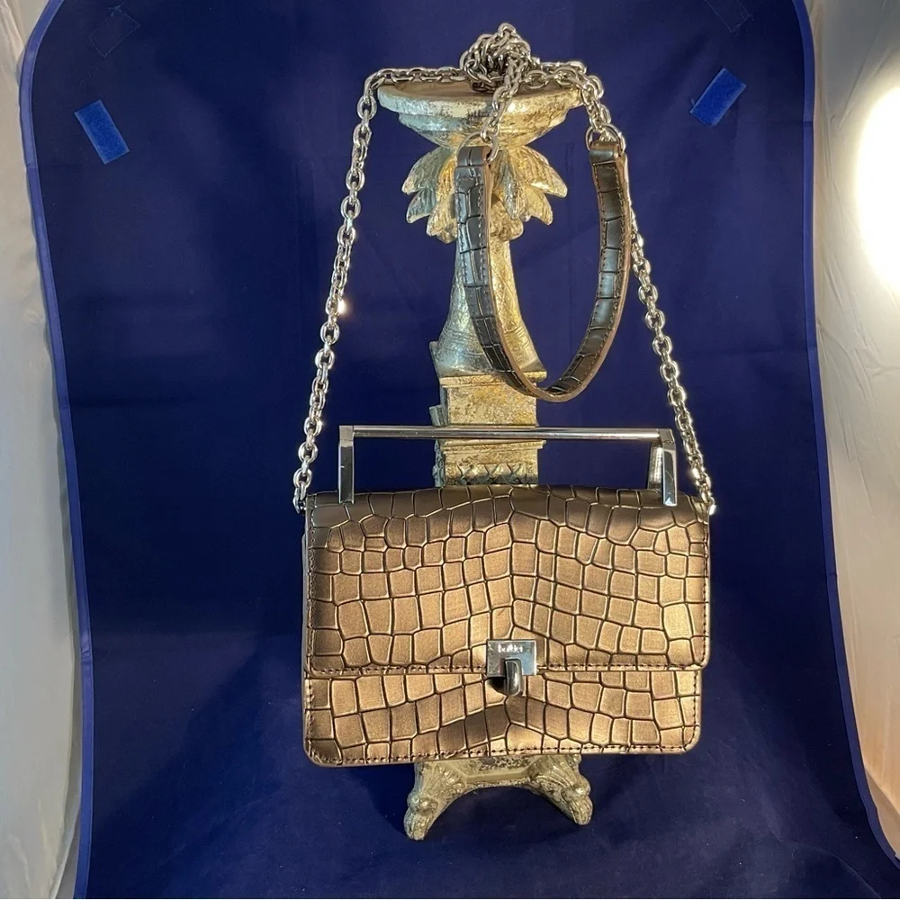 Botkier Metallic Croc-Embossed Leather Chain Crossbody Clutch Gunmetal