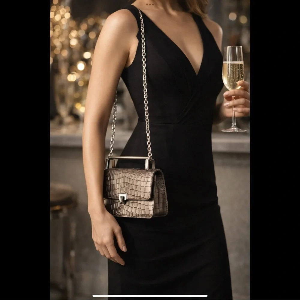 Botkier Metallic Croc-Embossed Leather Chain Crossbody Clutch Gunmetal