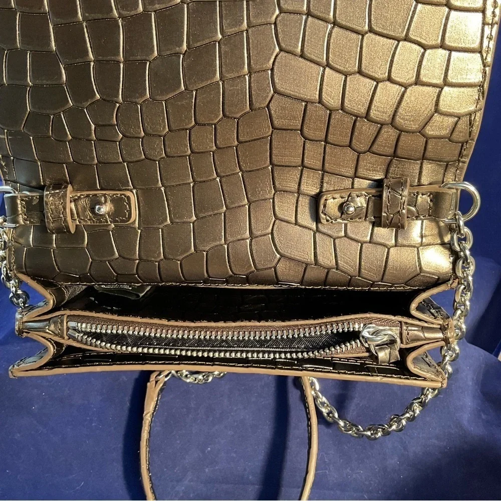 Botkier Metallic Croc-Embossed Leather Chain Crossbody Clutch Gunmetal