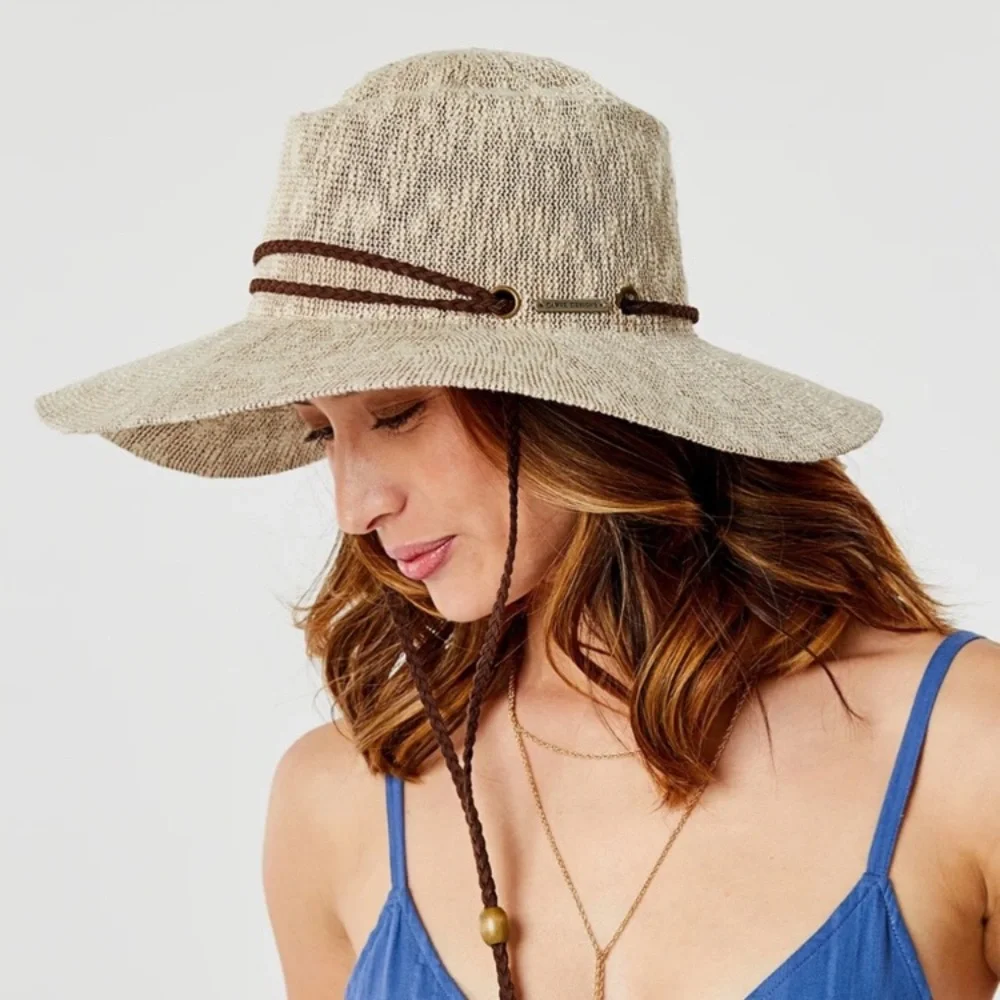 Carve Designs Beige Woven Sun Hat with Brown Braided Chin Cord EUC
