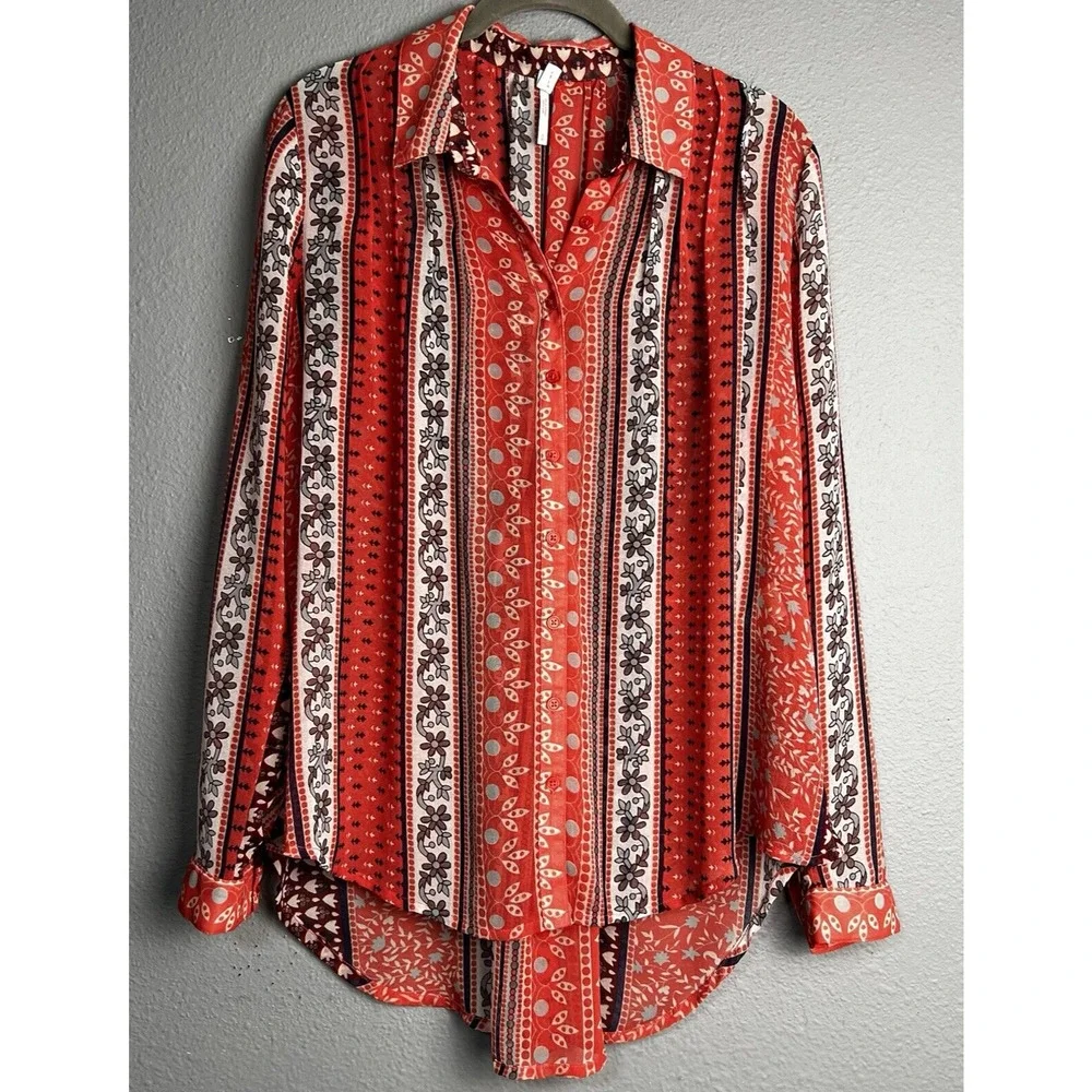 Free People Red Hobo Midnight‎ Mile Size S Button Hi Lo Hem Sheer Tunic Shirt