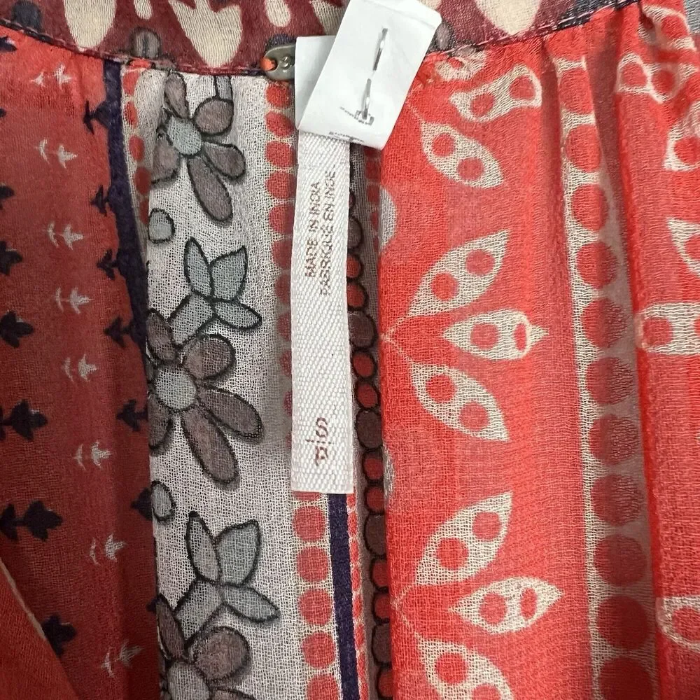 Free People Red Hobo Midnight‎ Mile Size S Button Hi Lo Hem Sheer Tunic Shirt