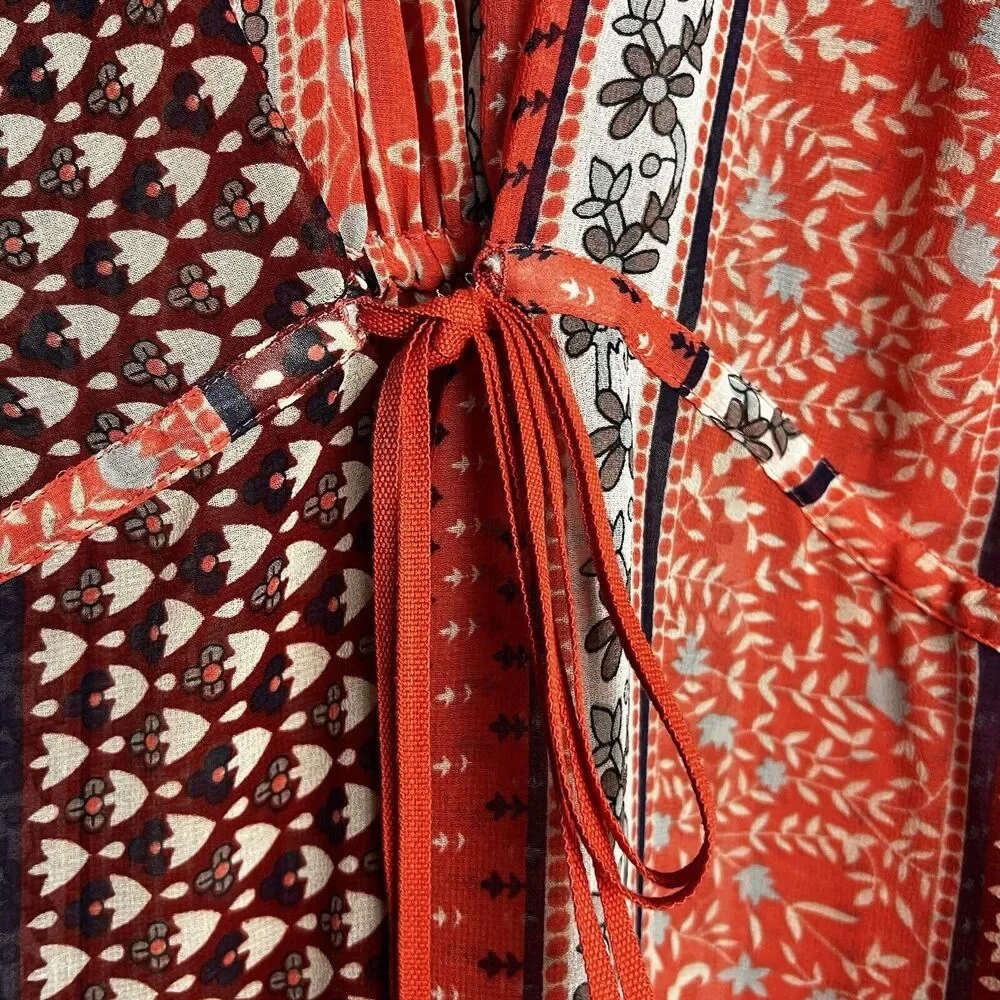 Free People Red Hobo Midnight‎ Mile Size S Button Hi Lo Hem Sheer Tunic Shirt