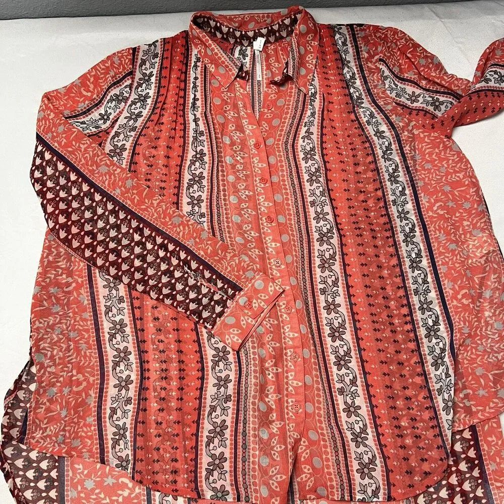 Free People Red Hobo Midnight‎ Mile Size S Button Hi Lo Hem Sheer Tunic Shirt