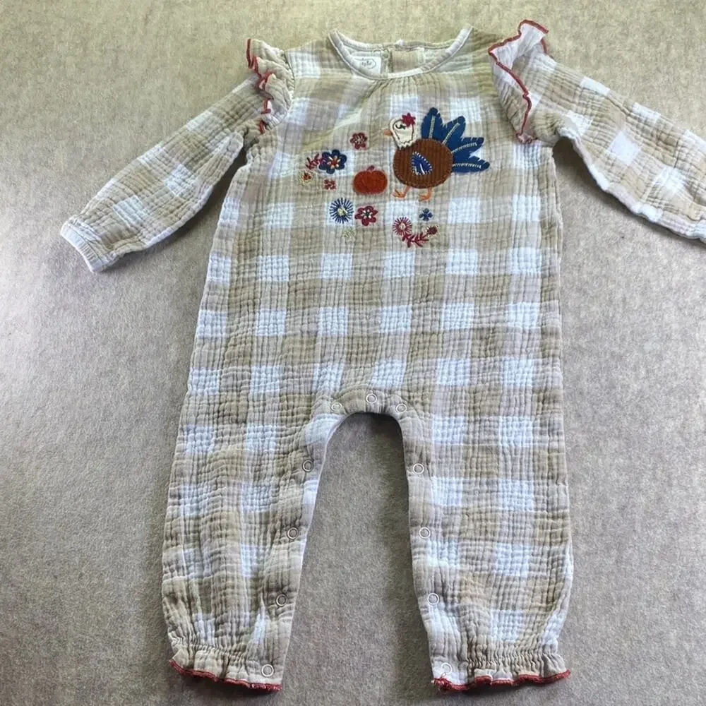 Mud Pie Beige and White Embodied Baby Romper 100% Cotton Size 9-12 months