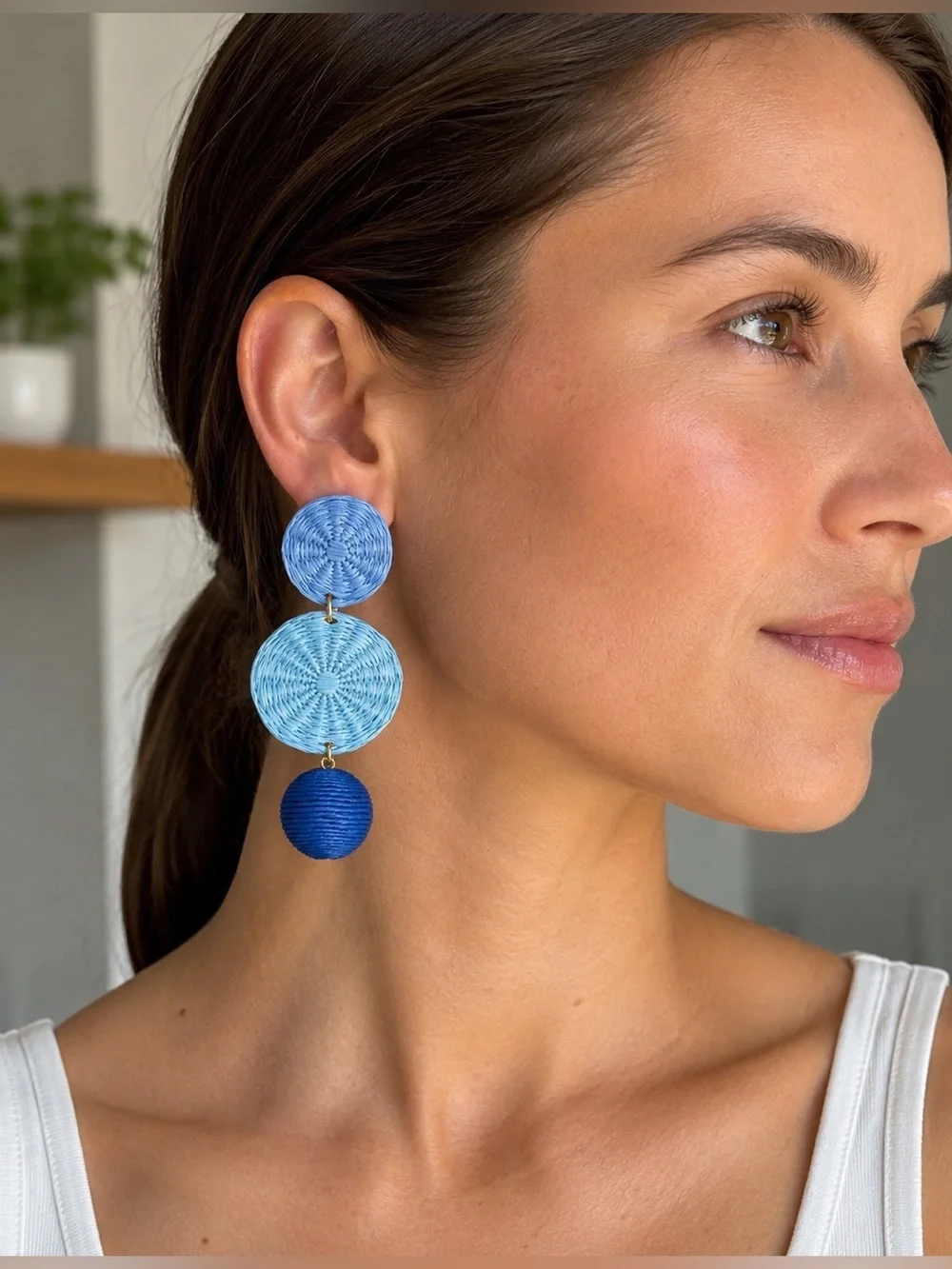 J. Crew Ocean Blue Raffia Statement Drop Dangly Ball Earrings 3.5”