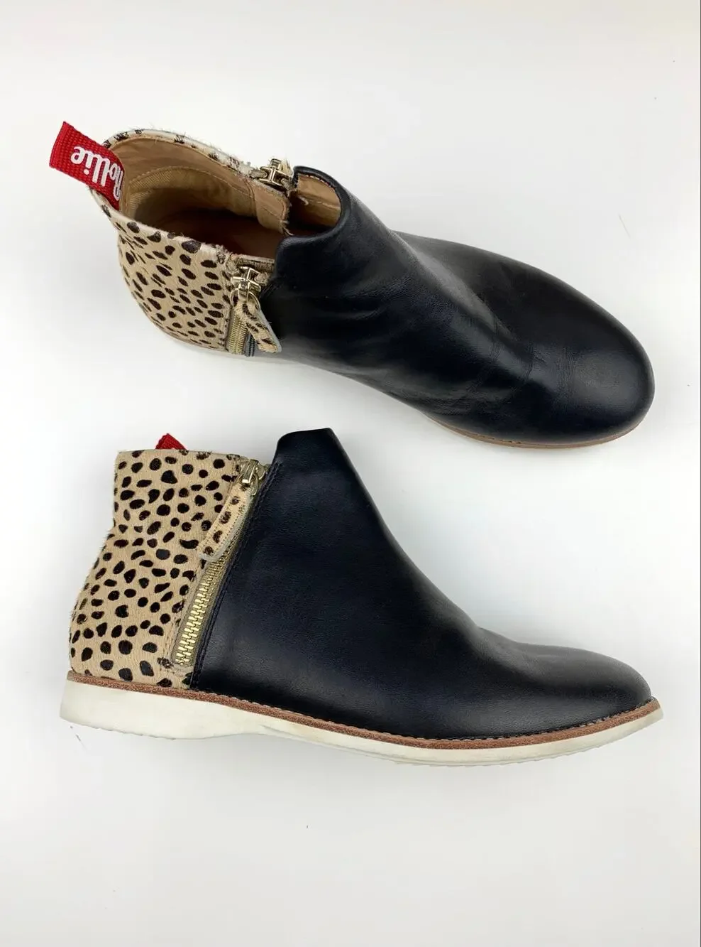 Rollie Nation Side Zip Boots Ankle Booties Black Cheetah Leather Women's 37 US 6